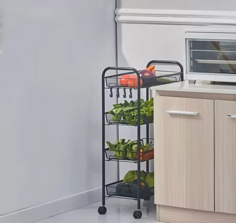 METALOWY REGAŁ MOBLINY ŁAZIENKOWY Z 4 PÓŁKAMI KÓŁKA CZARNY MODERNHOME METALOWY REGAŁ MOBLINY ŁAZIENKOWY Z 4 PÓŁKAMI KÓŁKA CZARNY MODERNHOME