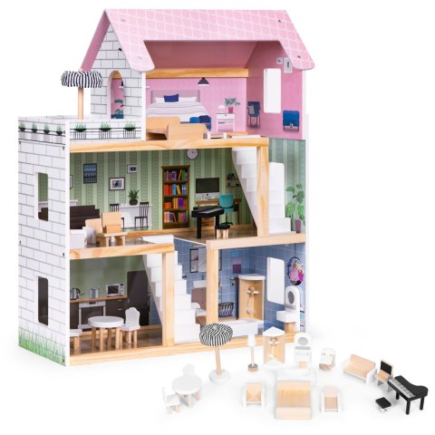Drewniany domek dla lalek 3 piętra taras z kompletem 15 mebelków ECOTOYS Drewniany domek dla lalek 3 piętra taras z kompletem 15 mebelków ECOTOYS