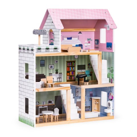 Drewniany domek dla lalek 3 piętra taras z kompletem 15 mebelków ECOTOYS Drewniany domek dla lalek 3 piętra taras z kompletem 15 mebelków ECOTOYS