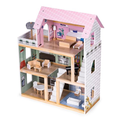 Drewniany domek dla lalek 3 piętra taras z kompletem 15 mebelków ECOTOYS Drewniany domek dla lalek 3 piętra taras z kompletem 15 mebelków ECOTOYS