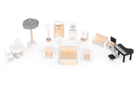 Drewniany domek dla lalek 3 piętra taras z kompletem 15 mebelków ECOTOYS Drewniany domek dla lalek 3 piętra taras z kompletem 15 mebelków ECOTOYS