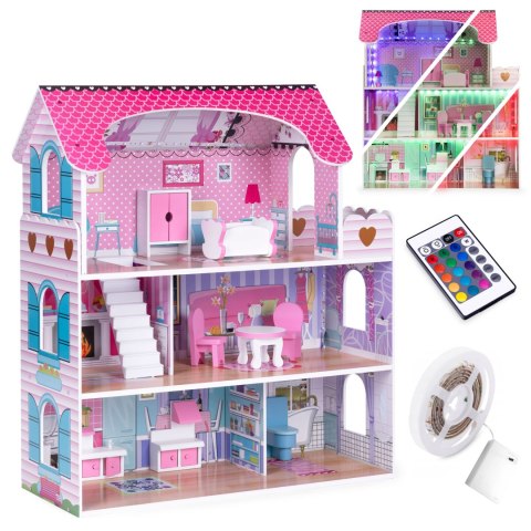 Drewniany domek dla lalek z oświetleniem LED + zestaw mebelków ECOTOYS Drewniany domek dla lalek z oświetleniem LED + zestaw mebelków ECOTOYS