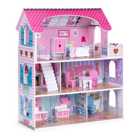 Drewniany domek dla lalek z oświetleniem LED + zestaw mebelków ECOTOYS Drewniany domek dla lalek z oświetleniem LED + zestaw mebelków ECOTOYS