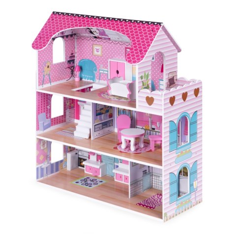 Drewniany domek dla lalek z oświetleniem LED + zestaw mebelków ECOTOYS Drewniany domek dla lalek z oświetleniem LED + zestaw mebelków ECOTOYS