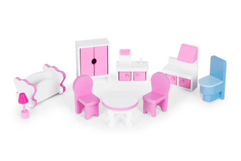 Drewniany domek dla lalek z oświetleniem LED + zestaw mebelków ECOTOYS Drewniany domek dla lalek z oświetleniem LED + zestaw mebelków ECOTOYS