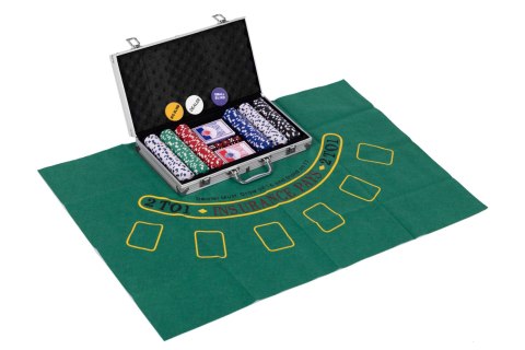 Zestaw do pokera blackjacka 300 żetonów 2 talie kart kości mata do gry zamykana walizka Zestaw do pokera blackjacka 300 żetonów 2 talie kart kości mata do gry zamykana walizka