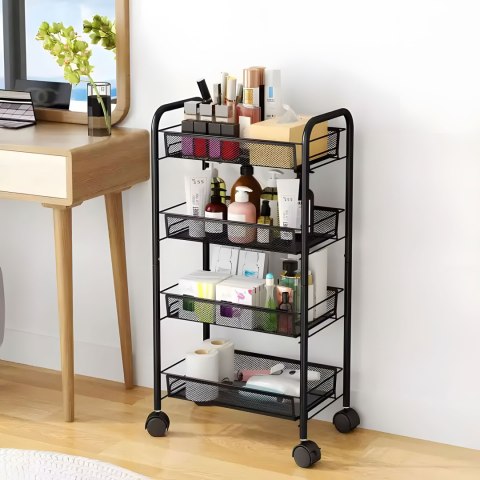 Regał organizer pomocnik do kuchni łazienki metalowy 4 półki kółka czarny ModernHome Regał organizer pomocnik do kuchni łazienki metalowy 4 półki kółka czarny ModernHome