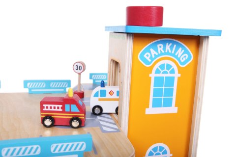 Drewniany garaż tor z windą + autka parking samochodowy Drewniany garaż tor z windą + autka parking samochodowy