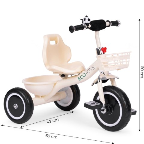 Rowerek trójkołowy antypoślizgowe uchwyty dzwonek koszyk beżowy ECOTOYS Rowerek trójkołowy antypoślizgowe uchwyty dzwonek koszyk beżowy ECOTOYS