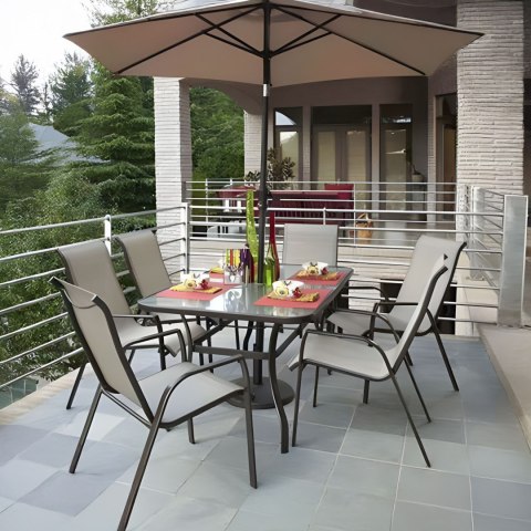 Stół ogrodowy 160x90 cm szkło hartowane duży blat na taras ogród otwór na parasol MultiGarden Stół ogrodowy 160x90 cm szkło hartowane duży blat na taras ogród otwór na parasol MultiGarden